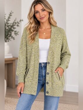 Hinge Nordstrom Lime Gray Marled Long Cardigan Sweater M Long Sleeve.